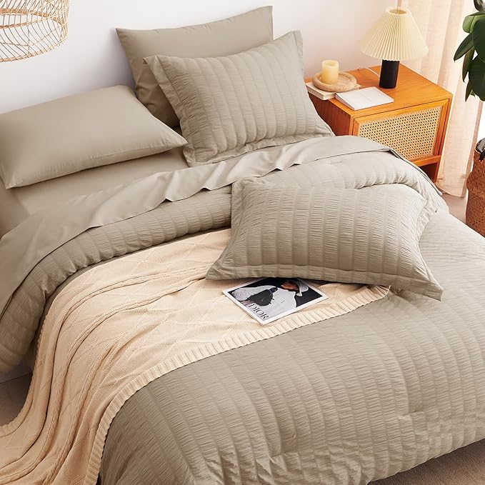CozyLux Queen Comforter Set Taupe Seersucker 7 Pieces Bed in a Bag Queen Comforter Set with Sheets, Luxury Soft Bedding Set with Down Alternative Comforter, Sheets, Pillowcases & Shams for All Seasons