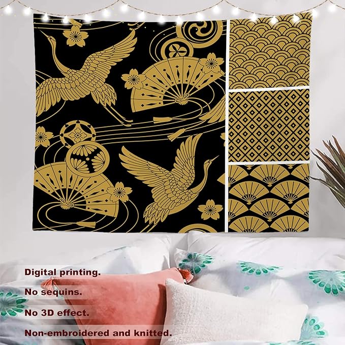 Batmerry Black Oriental Tapestry, Gold Japanese Fan Wall Art Hanging Decoration Polyester Fiber White Ruffled Around for Dorm Room Bedroom Living Room, 59.1x82.7 inches