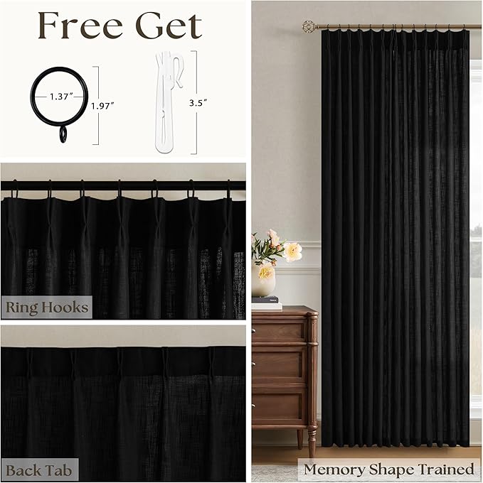 Pinch Pleated Linen 102 Inch Curtains 70 Inch Width for Living Room Divider Light Filtering Semi Sheer Black Extra Wide Patio Curtains for Sliding Door Floor Ceiling Picture Window 70x102 1 Panel