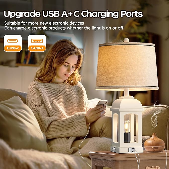 QiMH Table Lamp for Living Room, Farmhouse Lamps Set of 2 with USB A+C and Nightlight, 26" Rustic Bedside Lamps with 3-Way Dimmable, Touch Nightstand Lamp for Bedroom, White