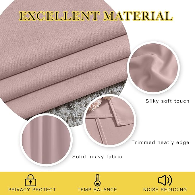 NICETOWN Blush Pink Short Curtains for Girls Room, Grommet Kitchen Window Curtains Thermal Short Drapes Room Darkening for Cafe, 2 Panels, W52 x L36