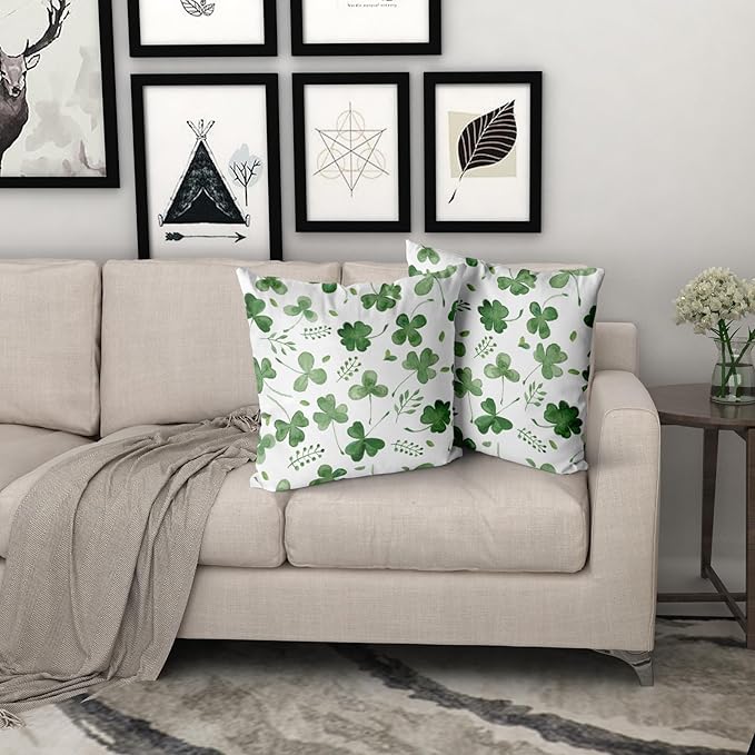 Giwawa St Patricks Day Pillow Covers Set of 2, 18"x18" Watercolor Clovers Sage Green Leaves Square Pillowcases, Spring Shamrock Eucalyptus Throw Cushion Cover for Sofa Couch Bedding Car Decor