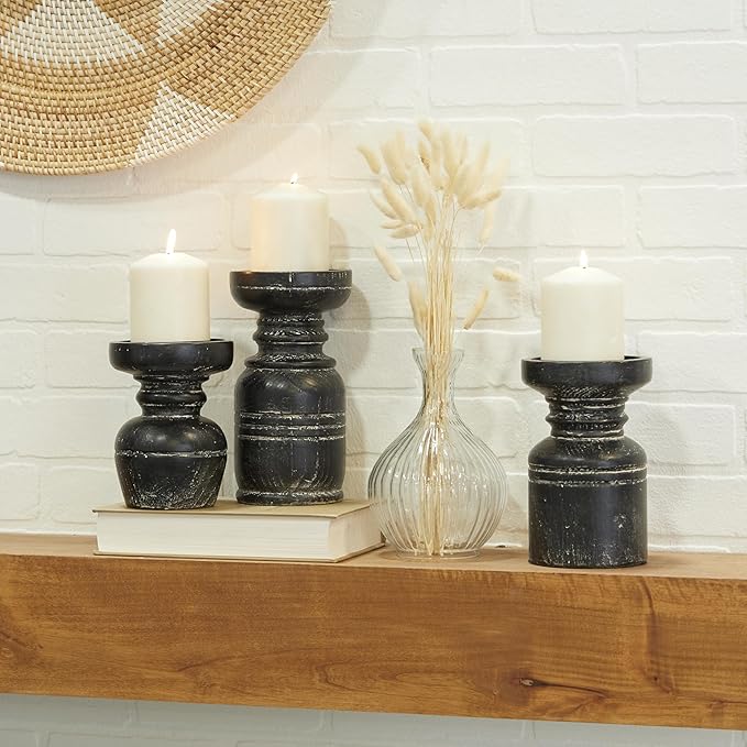 Deco 79 Wood Decorative Candle Holder Candle Stand, Set of 3 Candlestick Holder 9", 7", 6"H, Black