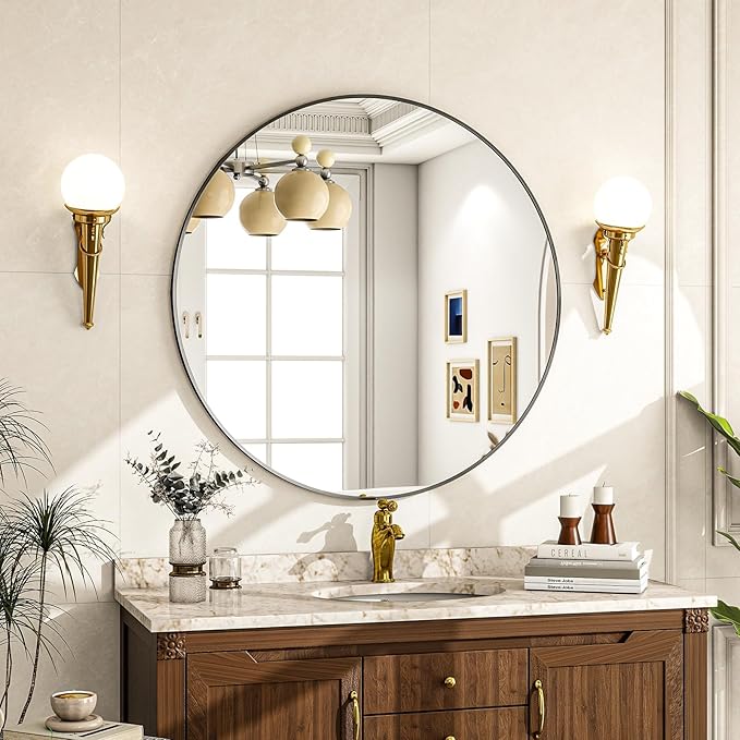 Round Mirror Wall Mounted Mirror - 28" Circle Mirror Bathroom Vanity Mirror with Aluminum Frame for Bedroom Living Room, Entryway Decor Black Mirror