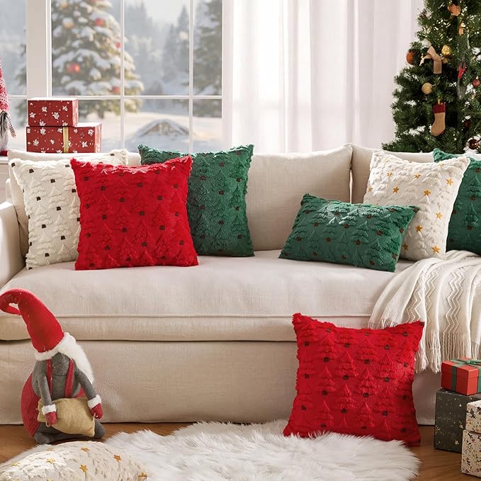 MIULEE Christmas Tree Decorative Pillow Covers Faux Fur Wool Throw Pillows Soft Plush Cushion Covers Set of 2 Xmas Home Decor Winter Holiday for Sofa Couch Livingroom Bed 12x20 Inch Dark Green
