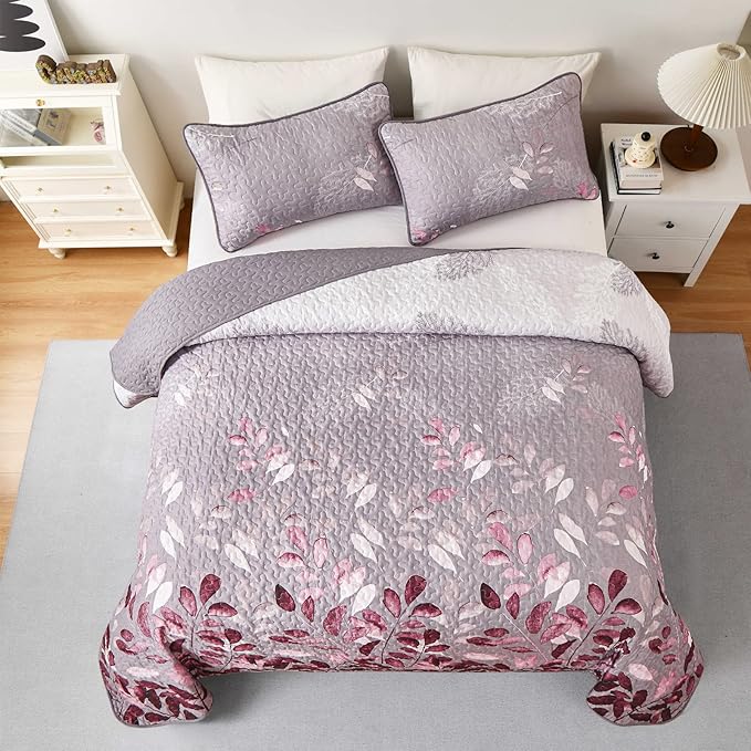 WONGS BEDDING Quilt Set King Size, 3 Pieces Pink Botancal Leaves Bedspread Coverlet Set with 2 Pillowcases for All Season, Soft Microfiber Floral Bedding Set 104"×90"