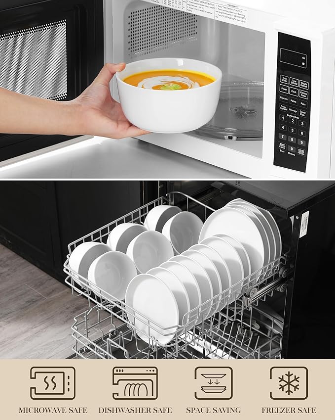 MALACASA 24 Pieces Gourmet Porcelain Dinnerware Sets, Premium Plates and Bowls Set, High-Fired Ceramic Dishes Set for 8, Chip & Scratch Resistant, Microwave Dishwasher Safe, White, Series LEXI