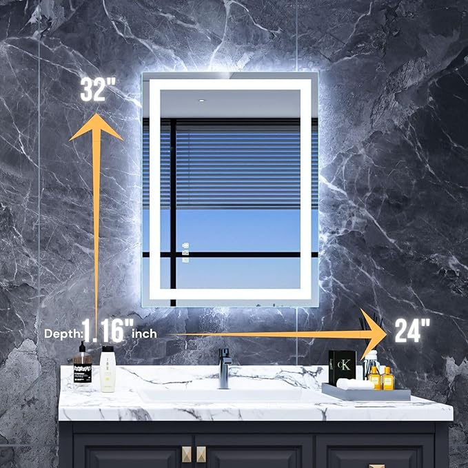 LED Bathroom Mirror 24"x 32",Front Lit and Backlit LED Mirror,Vanity Mirror with Lights Stepless Dmable,Aimnti-Fog, Shatter-Proof, Memory,3 Color LED Wall Mirror (Horizontal/Vertical)