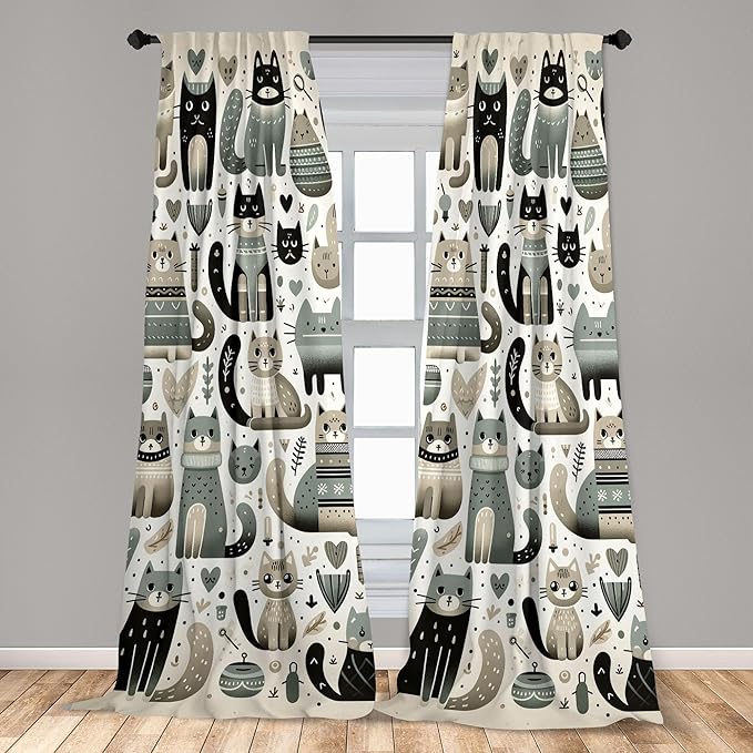 Ambesonne Cats Window Curtains Pack of 2, Modern Scandinavian Inspired Innocent Kitten Pattern with Leafy Details, Lightweight Set with Rod Pocket, 4 Panels of - 28" x 95", Pale Teal Pale Khaki Grey