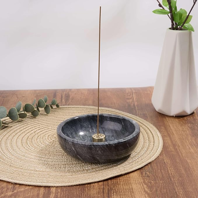 Marble Incense Holder Bowl with Brass Burner – Natural Hand-Polished Stone Incense Burner for Sticks, Cones, Palo Santo & Sage – Ash Catcher for Meditation, Yoga & Home Decor