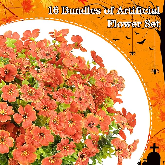 AGIRL 16 Bundles Artificial Fall Flowers Outdoor Indoor Decoration,No Fade Autumn Fake Plastic Plants with Eucalyptus Leaves,Faux Mums for Thanksgiving Garden Front Door Porch Patio Fall Decor