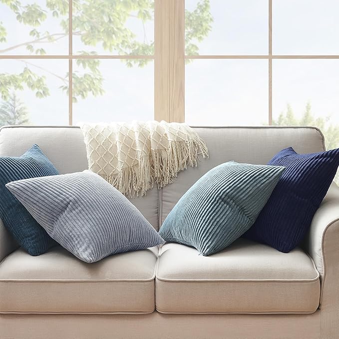 Topfinel Decorative Throw Pillow Covers Dusty Blue Navy Series 18x18 Inch Set of 4,Summer Corduroy Striped Toss Pillows for Couch,Patio,Balcony,Children Bedroom,Modern Fluffy Blue Gradient Shams