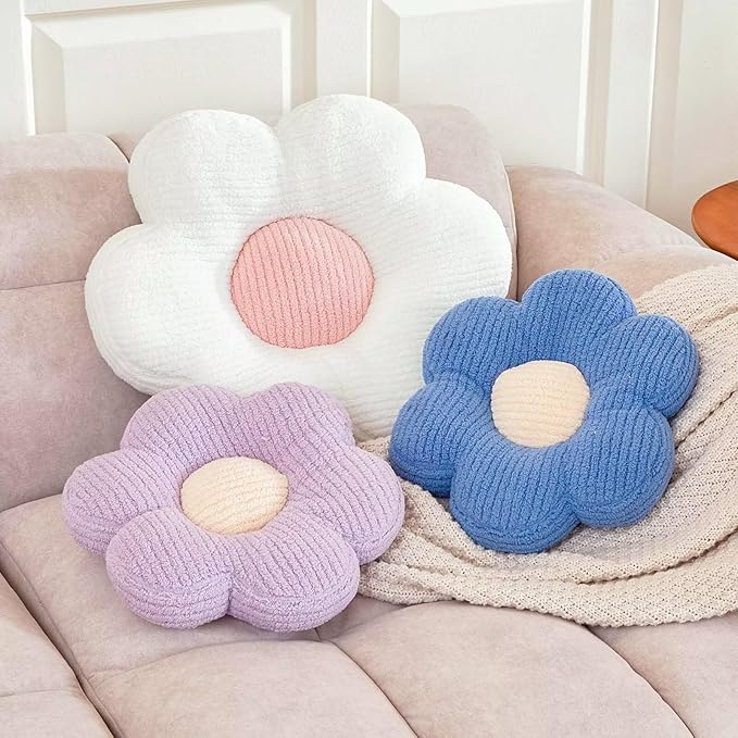 Flower Pillow, Cute Daisy Decorative Pillow for Bed, Soft Home Decor Floor Seating Cushion (White, 14.9 Inches)