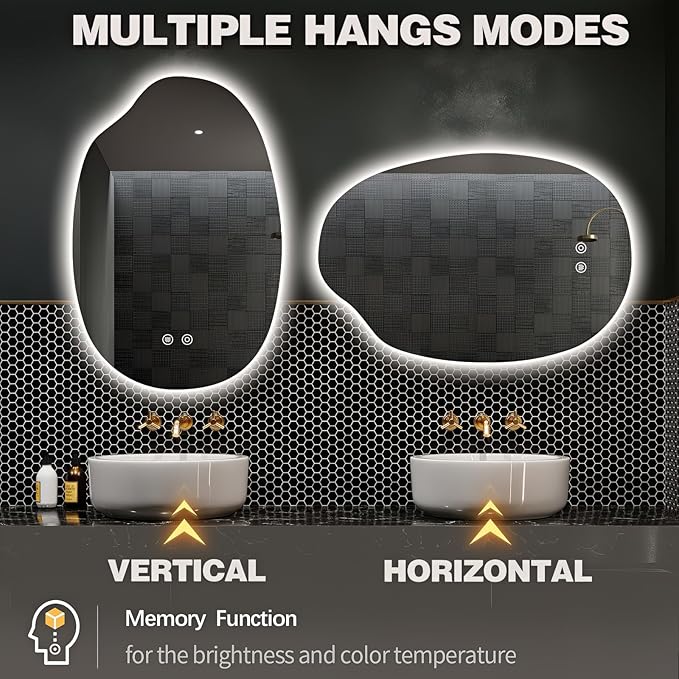 32"x22" Asymmetrical Led Mirror for Bathroom, Irregular Backlit Vanity Mirror with Lights, Frameless Smart Mirror, 3 Colors Stepless Dimmable, Anti-Fog, Memory, CRI95+, Horizontal/Vertical
