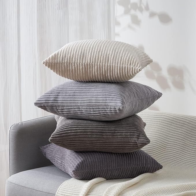 Topfinel Neutral Grey Decorative Throw Pillow Covers 18x18 Inch Set of 4,Modern Farmhouse Striped Corduroy Cushion Cases,Square Euro Shams for Sofa,Bedroom,Floor,Car(45cm Dark Gray)