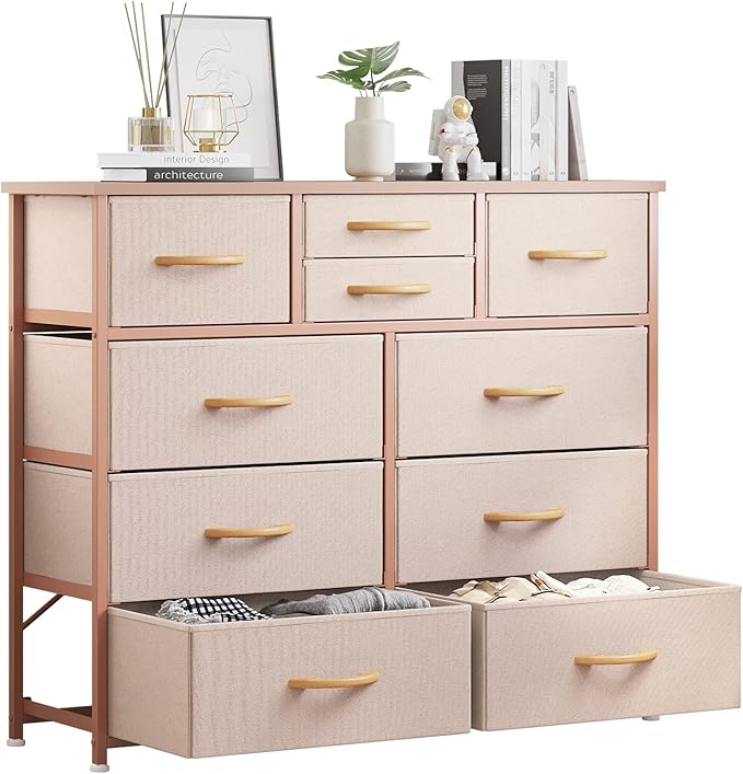 LUMTOK 10-Drawer Dresser, Fabric Storage Dressers Drawers for Bedroom, Hallway, Nursery, Closets, Steel Frame, Wood Top, Easy Pull Handle (Rose Gold)