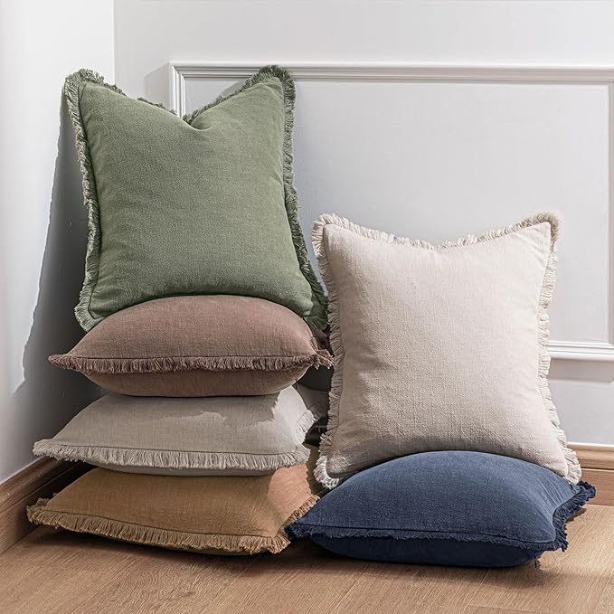Woaboy Decorative Linen Fringe Throw Pillow Covers Boho Farmhouse Soft Lumbar Accent Pillowcases with Tassels Christmas Decor for Livingroom Couch Sofa Bed,12x20 Inch Set of 2,Olive Green