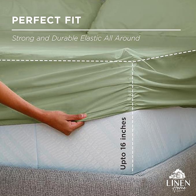 Linen Home 100% Cotton Percale Weave Fitted Sheet, Queen Size, Sage, 1 Deep Pocket Fitted Sheet, Fits Mattress Upto 16" Crisp and Cool Strong Bed Linen, 60"X80"+15"