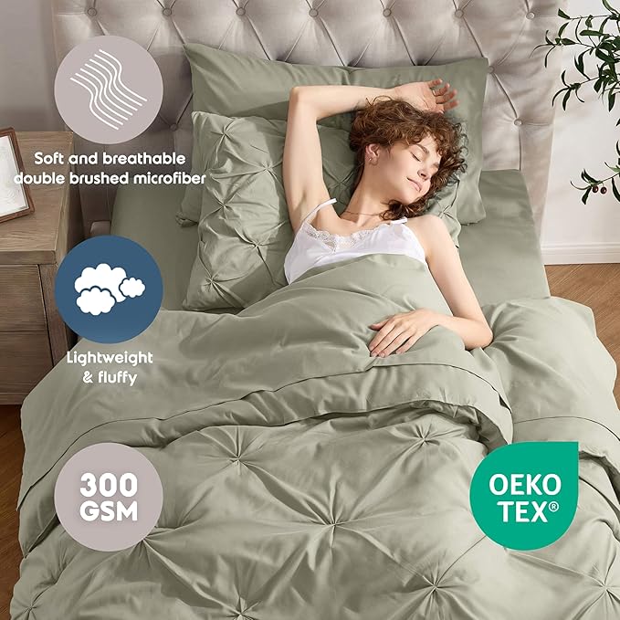 Nestl Twin Comforter Set 5 Piece, Pintuck Twin Bedding Set Light Sage, College Dorm Room Essentials for Girls and Boys Bed in a Bag Twin All Season, Twin Comforter Set with Sheets, Pillowcase and Sham