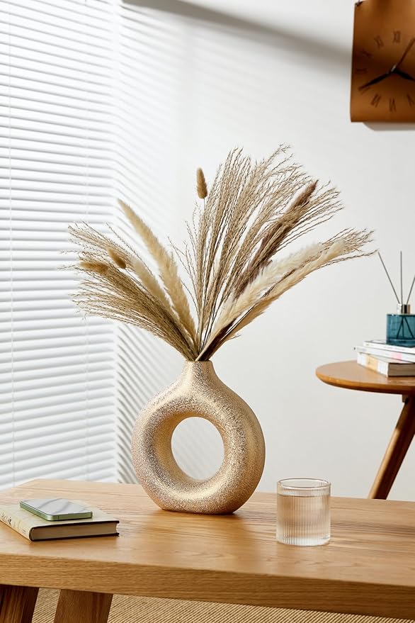 Set of 2 Donut Hollow Ceramic Vase Handmade Minimalist Boho ins Style, Modern Vase for Home Decor for Wedding Dinner Table Party Living Room Office Bedroom (Gold, Large + Small)