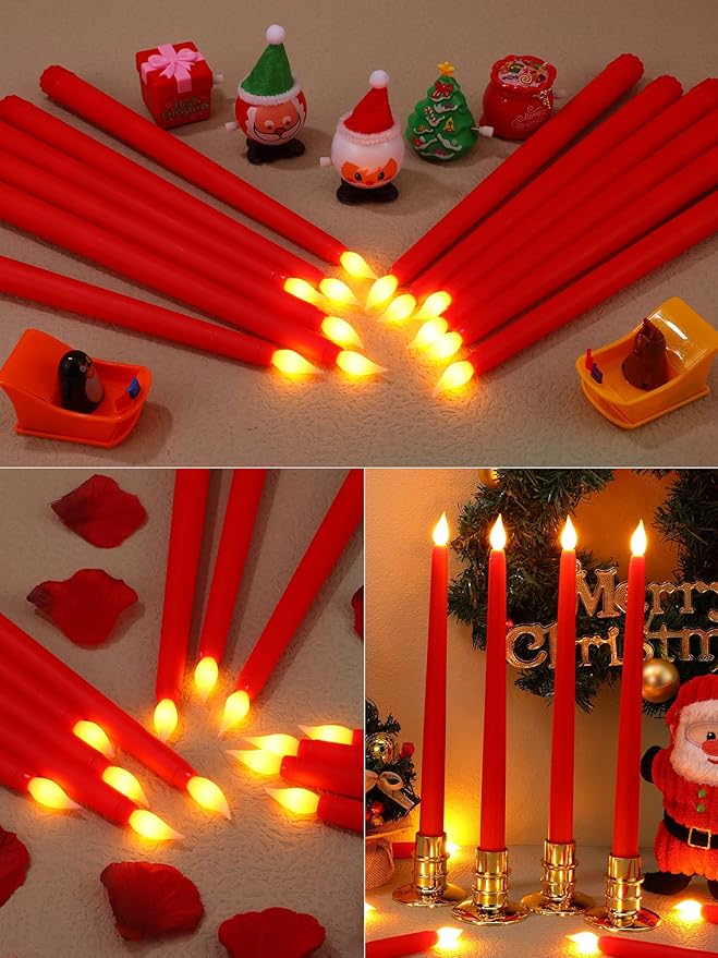 Treela 24 Pcs Flameless Taper Candles Battery Operated Bulk Fake 11 Inch Candles Light LED Candlesticks Flickering Tapered for Wedding Halloween Christmas Decoration(Red,Basic)