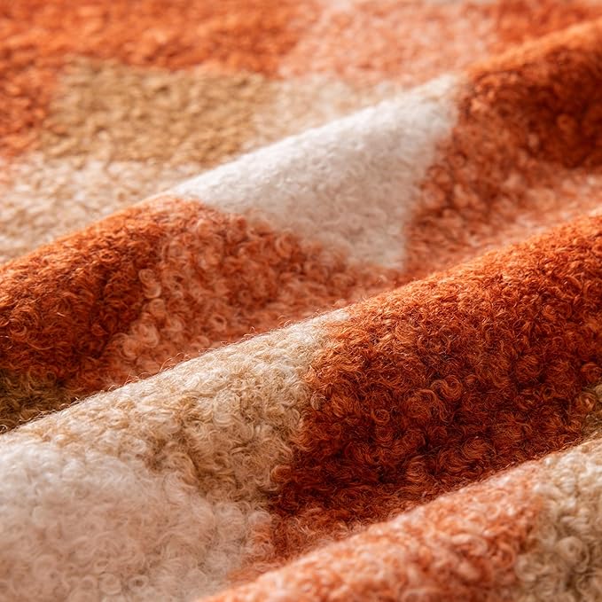 Orange Plaid Fall Throw Pillow Covers 12x20 Inch Set of 2, Boucle Decorative Pillow Covers,Cozy Fluffy Home Living Room Farmhouse Decor for Sofa Couch Bed