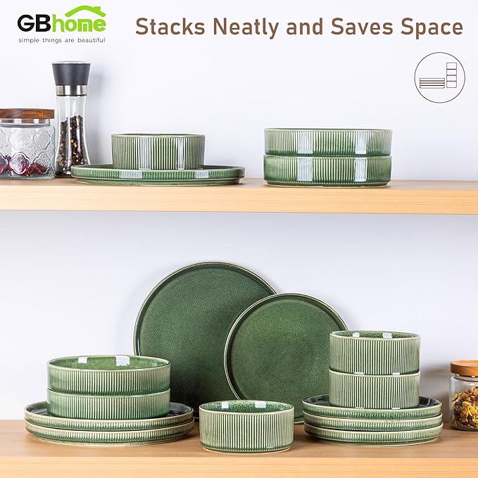 GBHOME Stoneware Dinnerware Sets for 8,Round Reactive Glaze Ceramic Plates and Bowls Set,Highly Scratch Resistant | Dishwasher & Microwave Safe Dishes Set,Service for 8(24Pcs)