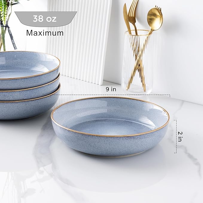 GBHOME 8.75'' Large Ceramic Pasta Bowls, 38oz Stoneware Pasta Serving Bowls Set of 4 for Kitchen, Wide Bowls for Fruit,Pasta,Salad,Oatmeal,Meal, Microwave Safe, Reactive Glaze-Blue