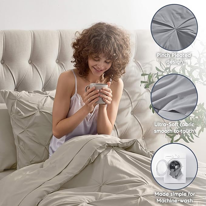 Nestl Twin Comforter Set 5 Piece - Pintuck Twin Bedding Sets Beige, College Dorm Room Essentials for Girls and Boys Bed in a Bag Twin All Season, Twin Comforter Set with Sheets, Pillowcase and Sham