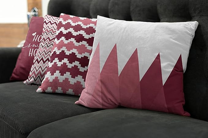 Ambesonne Modern Throw Pillow Cushion Case Pack of 4, Geometric Style Pattern of Triangles Zigzags Love Home Phrase Print, Modern Accent Double-Sided Digital Printing, 24", Raspberry Rose and White