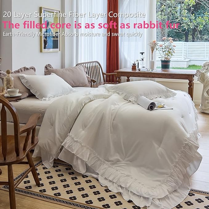 AIKASY White Comforters King Size Set, Vintage Boho Chic Farmhouse Bedding Sets Shabby Ruffle Queen Bed Comforter Bedding 3PCS（1 Comforter and 2 Pillowcases）