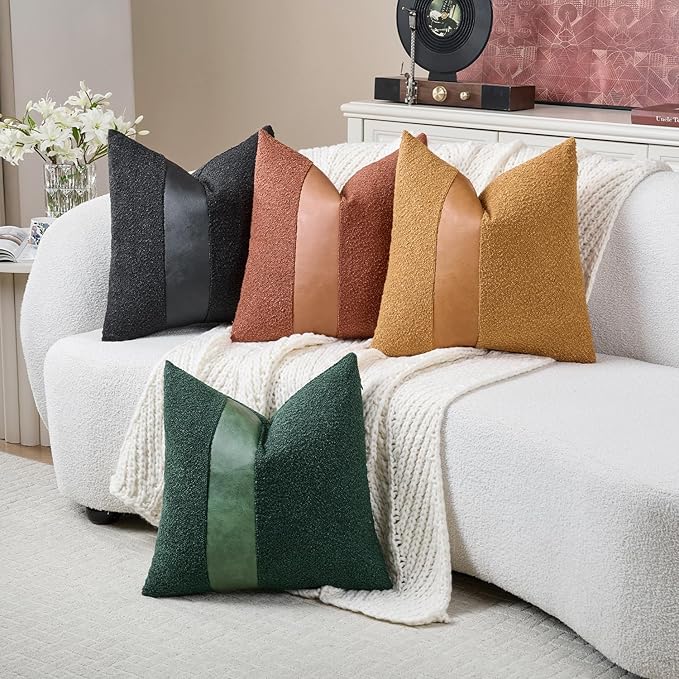 Pack of 2 Faux Leather Boucle Throw Pillow Covers 18"x18" Black Chic Accents Textured Square Decorative Pillow Cases for Living Room Couch Bed Farmhouse Boho Home Decor