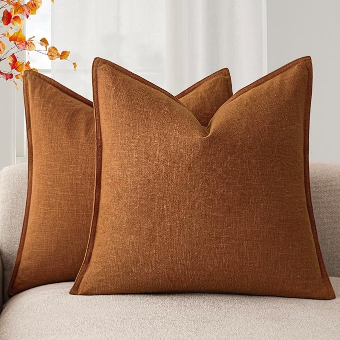 Foindtower Set of 2, Decorative Linen Soild Throw Pillow Covers Soft Accent Euro Cushion Case Boho Farmhouse Pillowcase for Chair Couch Sofa Bedroom Living Room Home Decor 16 x 16 Inch Autumn Orange