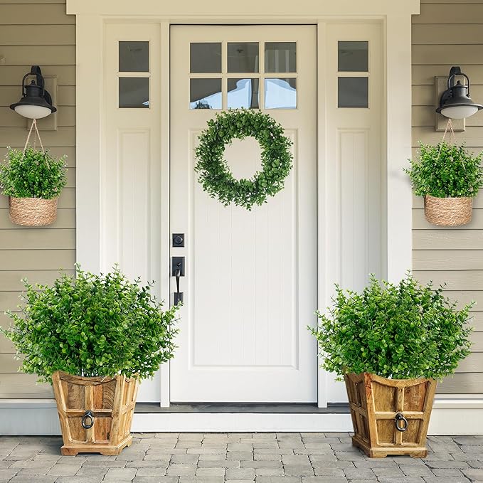 Sggvecsy Artificial Flowers for Outdoors 12 Bundles UV Resistant Boxwood Shrubs Artificial Eucalyptus Fake Plants Faux Plastic Greenery for Farmhouse Garden Indoor Outdoor Home Wedding Decoration