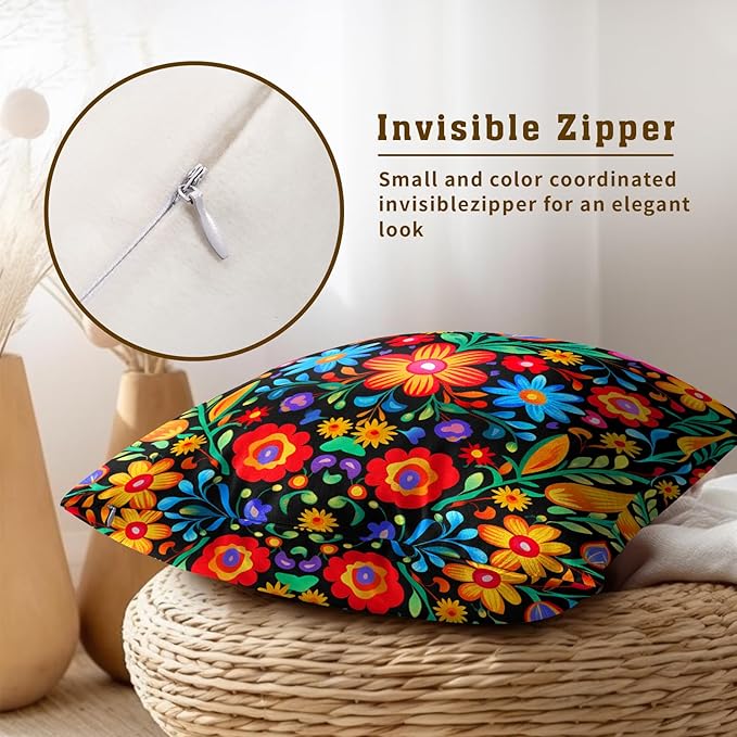 Mexican Flowers Throw Pillow Covers - Mexico Pillow Covers 22x22 Set of 2 Colorful Floral Pillowcase Botanical Blossom Cushion Case for Sofa Couch Outdoor Porch