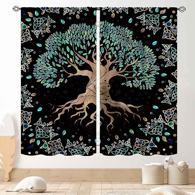 Tree of Life Curtains, Hippie Green Leaves Tree Life Vikings Celtic Nordic Aesthetic Mythology Window Drapery Treatments for Bedroom Living Room Bathroom 2 Panels, 42"x54" Inch