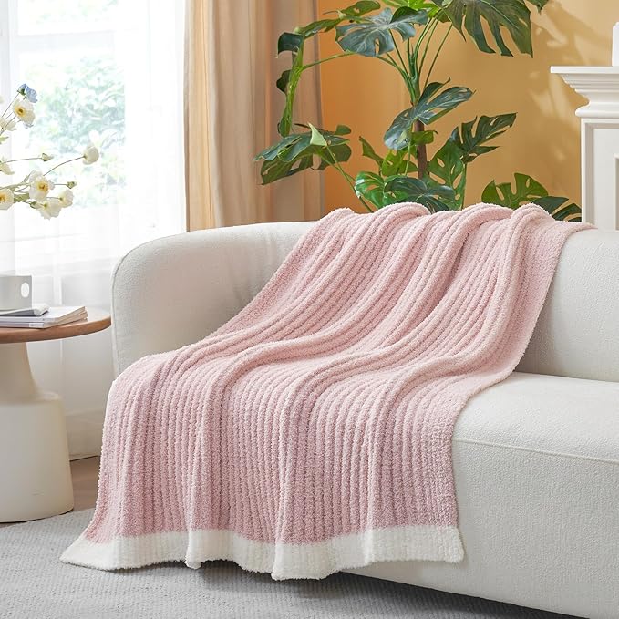 Snuggle Sac Luxury King Size Blanket for Bed, Cozy Soft Fuzzy Microfiber Knit Stripe Bedding Blankets, Pink, 108x90 inches
