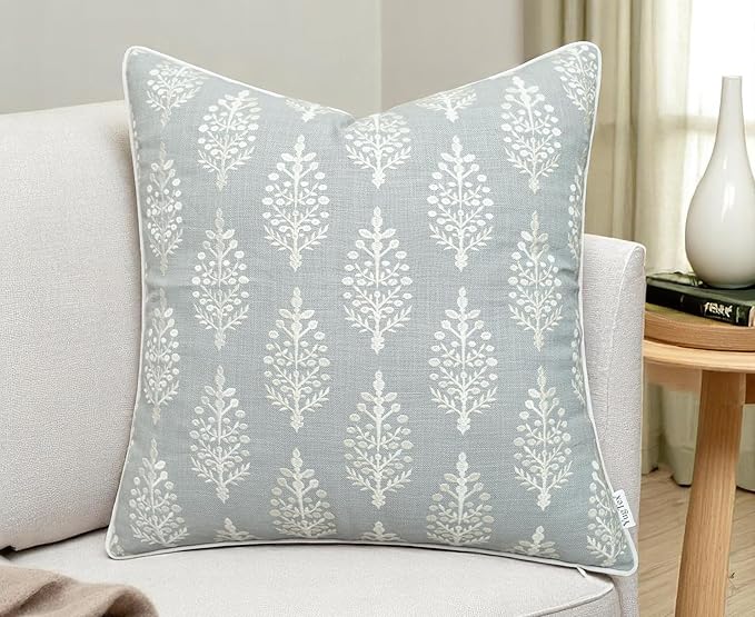Chandni Paiseley Embroiderd Decorative Square Accent Throw Pillow Cover - Sofa, Chair, Couch, Bedroom, Living Room, Farmhouse Home Decor - 18x18 Inches-Robins Egg