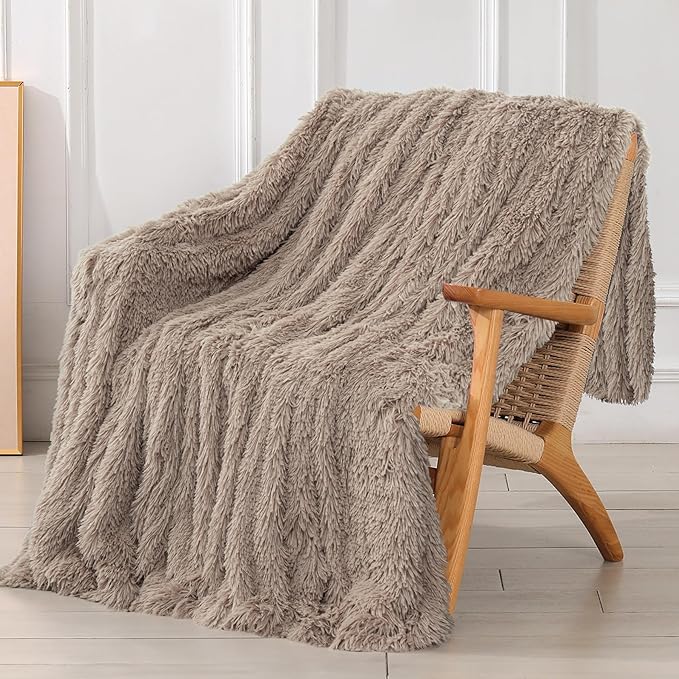 Tuddrom Decorative Extra Soft Faux Fur Throw Blanket 70"x78",Solid Reversible Fuzzy Lightweight Long Hair Shaggy Blanket,Fluffy Cozy Plush Fleece Comfy Microfiber Blanket for Couch Sofa Bed,Khaki