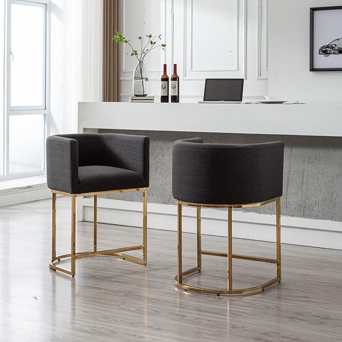 Modern Counter Height Linen Upholstered Bar Stools Set of 2, 24" Kitchen Counter Island Stools Bar Chairs with Gold Metal Frame for Kitchen Island, Charcoal