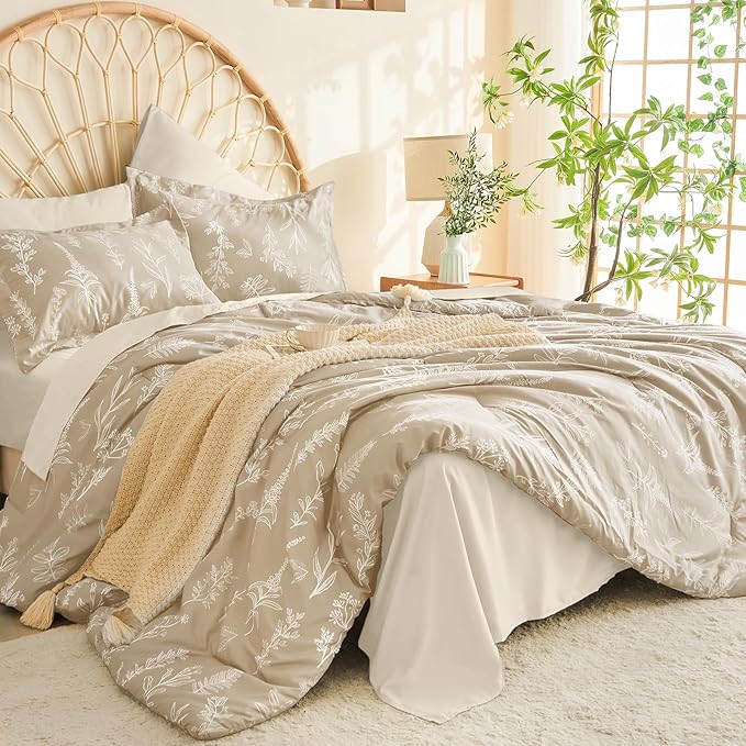 MUXHOMO Taupe Full Comforter Set, Elegant Floral Print Bed in a Bag 7 Pieces, Ultra Soft & Breathable Reversible Botanical Pattern Bedding Set with Comforter, Sheets, Pillowcases, and Shams