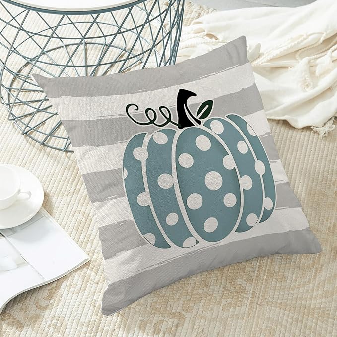 Fall Pillow Covers 20 x 20 Inch, Teal Blue Pumpkin Grey Stripe Decor Throw Pillows for Home Couch Bed, Autumn Thanksgiving Harvest Outdoor Decorative Pillowcase Linen Cushion Cover Set of 2