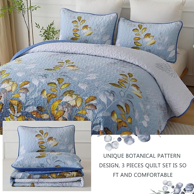 WONGS BEDDING 3 Pieces Quilt Set Queen Size, Blue-Gold Floral Bedspread Coverlet Set, Soft Microfiber Lightweight Floral Bedding Set King 104"×90"