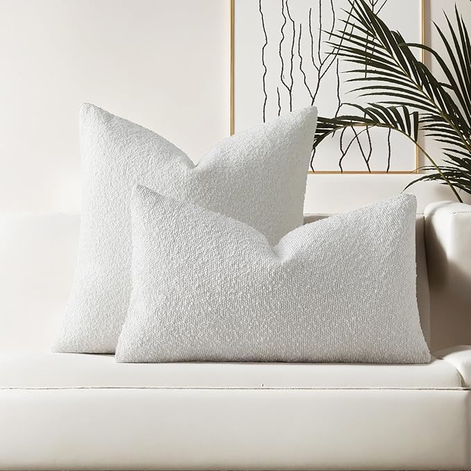 HAUSSY Set of 2 26x26 Decorative Throw Pillow Covers, Soft Cozy Euro Pillow Shams Textured Boucle, Home Decor for Couch Bed Living Room, White
