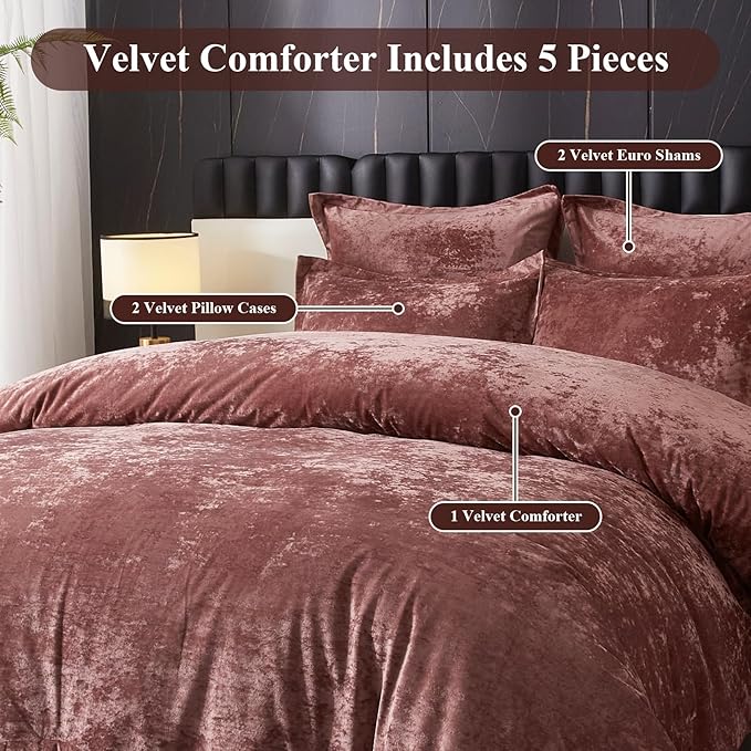 Ivellow Crushed Velvet Comforter Set Queen,Set, 5pcs Ultra SoftPink Luxury Cozy Flannel Queen Size (1 Comforter,2 Pillow Shams, 2 Euro Blush Pink