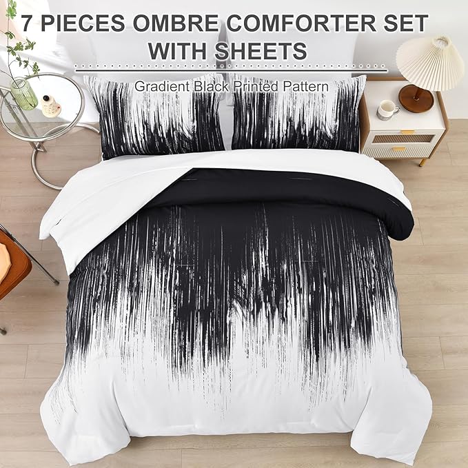 Dinjoy Ombre Black Comforter Set King Size Gradient Black White Boho Bedding Set for Teen Men Women 7 Pieces Bed in A Bag Bohemian Bed Set with Comforter, Sheets, Pillowcases & Shams