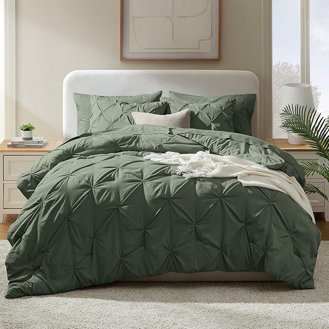 Nestl Pinch Pleated Comforter Set - 7 Piece Olive Green Bed in a Bag, All Season King Bedding Set with Flat Sheet, Fitted Sheet, Pillowcases and Shams