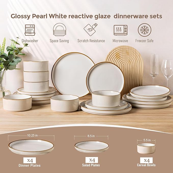 GBHOME Stoneware Dinnerware Sets for 4,Round Reactive Glaze Ceramic Plates and Bowls Set,Highly Scratch Resistant | Dishwasher & Microwave Safe Dishes Set,Service for 4(12Pcs)