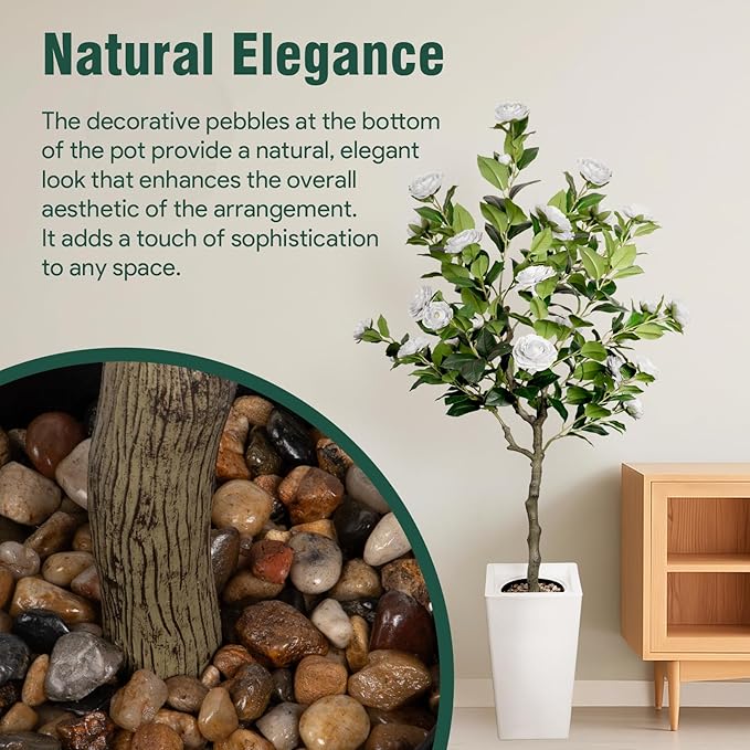 5Ft Artificial Camellia Tree in White Pot, White Faux Plant Indoor Outdoor (61"), Tall Flower Plant for Porch & Living Room Office Decor