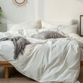 MooMee Striped Duvet Cover Set 100% Washed Cotton Linen Like Textured Breathable Durable Soft Comfy (White Dark Grey Wide Stripes, Queen 90"x90")
